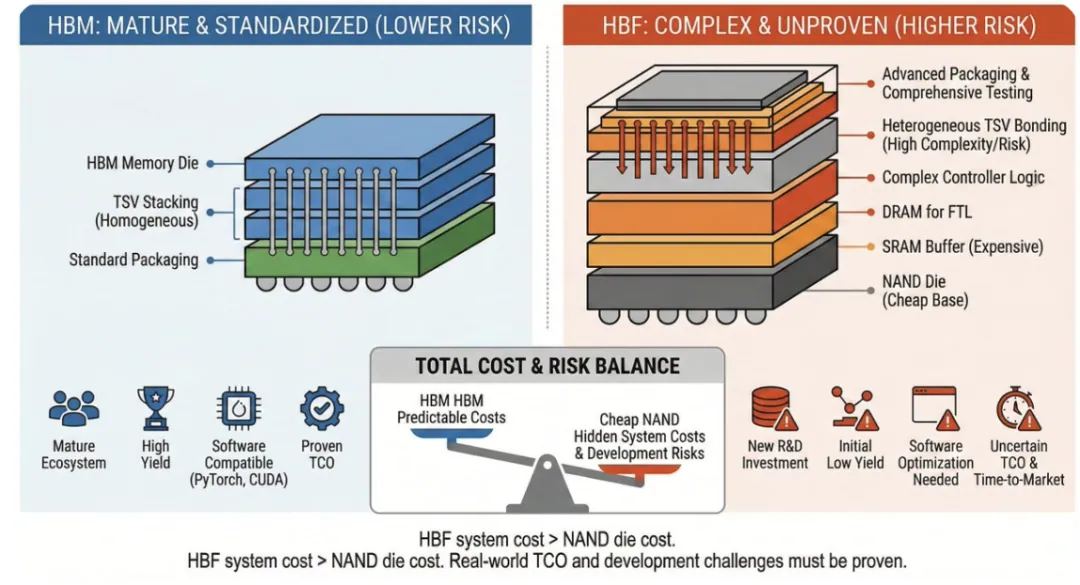 "廉价 NAND"陷阱:HBF 系统的完整成本构成——便宜的 NAND 之上叠加了 SRAM 缓冲、FTL 用 DRAM、异构 TSV 堆叠、控制器与软件适配,总拥有成本需要重新算账(图片来源:半导体行业观察解读文章插图)