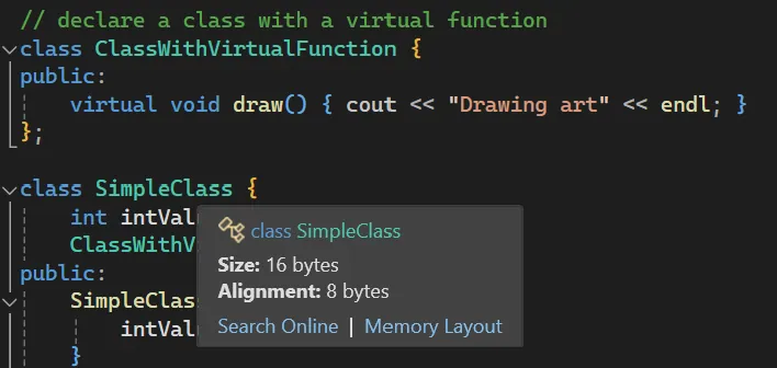 Visual Studio 中类的大小与对齐示例（含虚函数成员引发的隐藏 vptr 与填充）