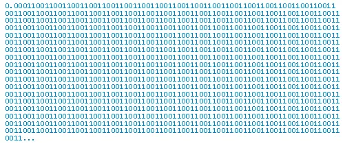 0.1 的二进制展开(写到 1369 位):0011 循环节无限重复(来源:exploringbinary.com,Rick Regan)